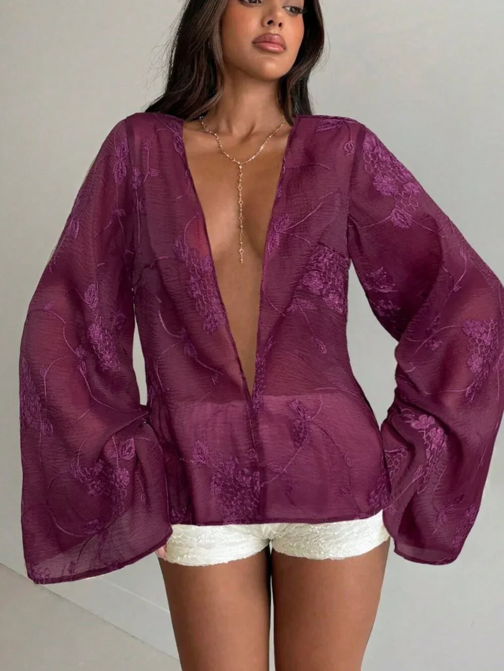 Sexy Women's Deep V-Neck Floral Embroidery Pattern Casual Versatile Shirt